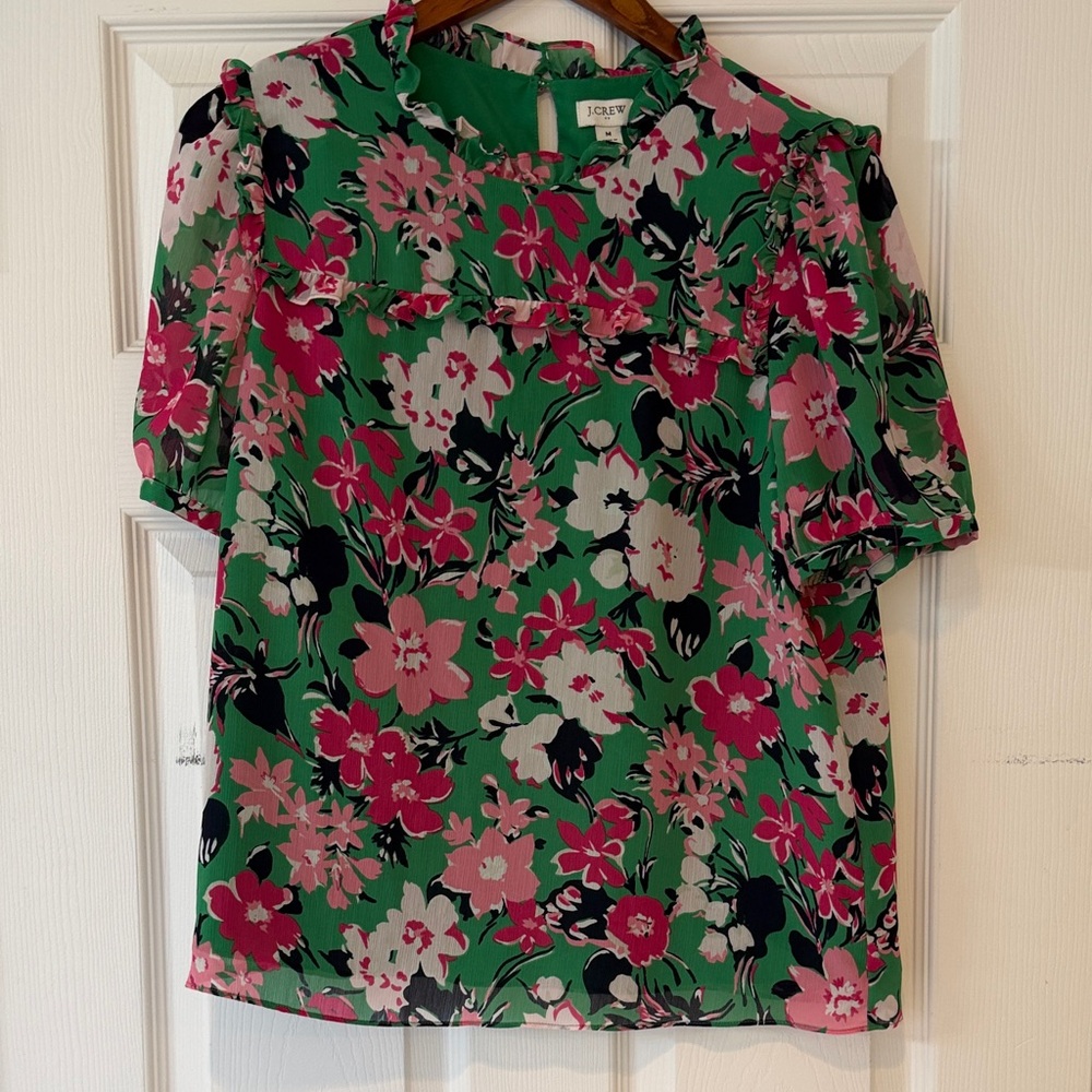 J. Crew Vibrant Floral Blouse in Green and Pink